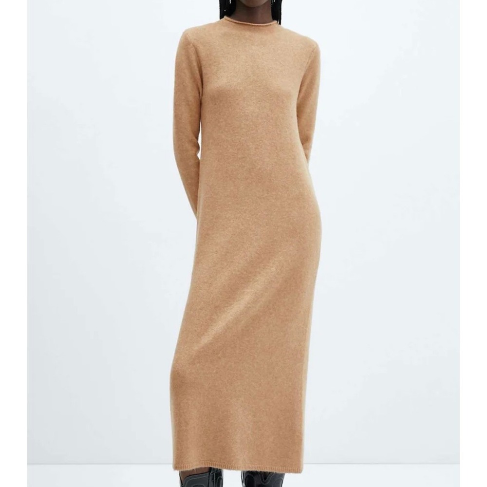 Mango MNG Tan Beige Mock Neck Knit Maxi Sweater‎ Dress Size Small Autumn Winter